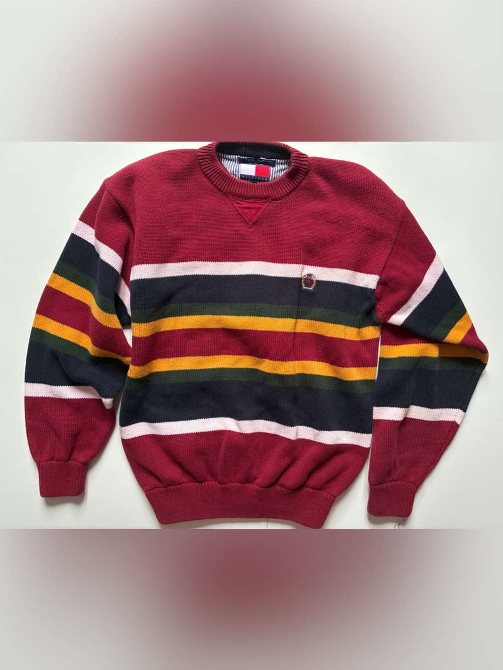 Tommy Hilfiger Mens Large Vintage Heavy Knit Sweater Striped Pullover Sweatshirt